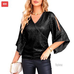 Sequin Glitter Blouse 3/4 Sleeve V-Neck Party Top Slim Fit